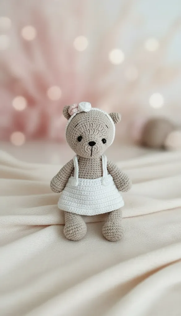 Beyaz Elbiseli Amigurumi Ayıcık Bebek Oyuncak - El Yapımı