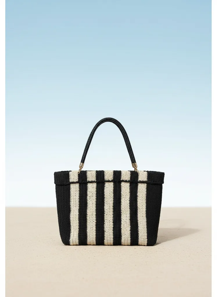 Büyük Boy Siyah Beyaz Çizgili Plaj Çantası - El Örgüsü