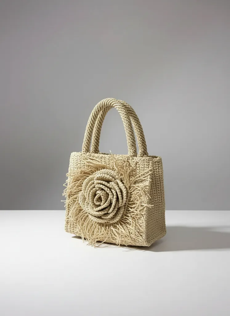 Güllü Hasır Örgü Omuz Çantası - Şık ve Zarif Tasarım