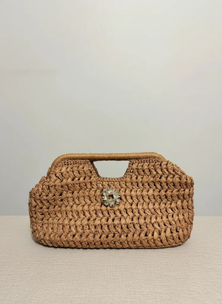 Rafya Örgü Omuz Çantası - Taş Detaylı, Şık Tasarım El Emeği