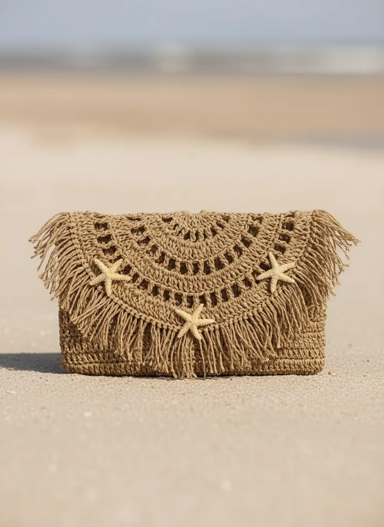 Kağıt İpinden Örme Portföy Çanta - Deniz Yıldızı Detaylı El Emeği