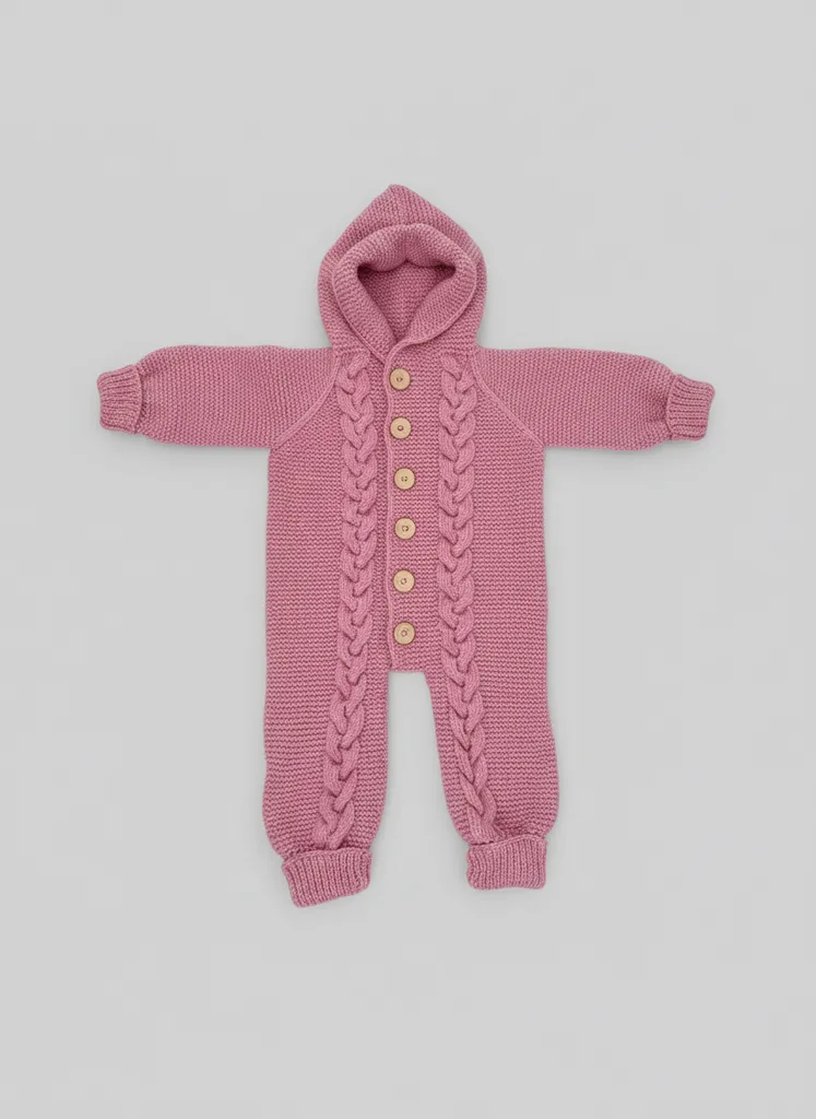 Pembe Örgü Bebek Tulumu - Kapüşonlu ve Düğmeli Detaylı - El Emeği