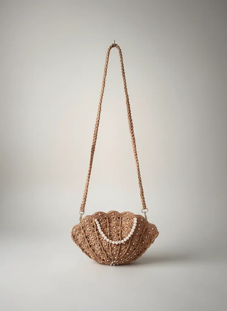 İnci Detaylı Kabuk Formlu Örgü Omuz Çantası - Kağıt İpten