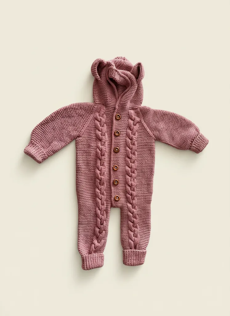 Pembe Tavşan Kulaklı Örgü Bebek Tulumu - Alize İplikten El Örmesi