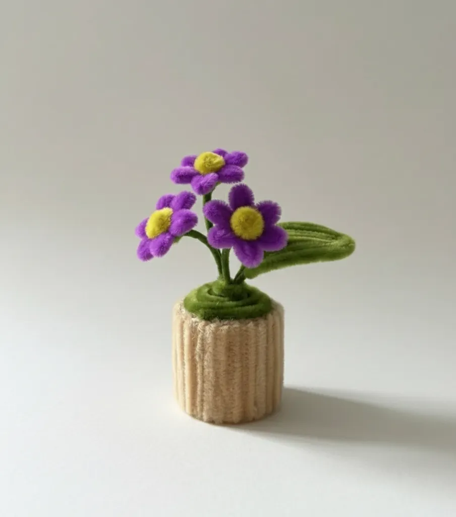 Şönil Parlak Mor Mini Papatya Saksı - El Yapımı Dekoratif Çiçek