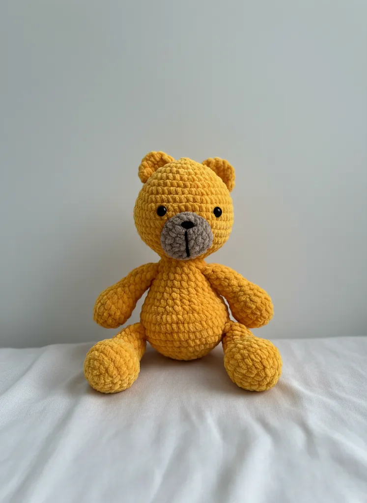Kadife Sarı Amigurumi Oyuncak Ayıcık - El Emeği Örgü Oyuncak