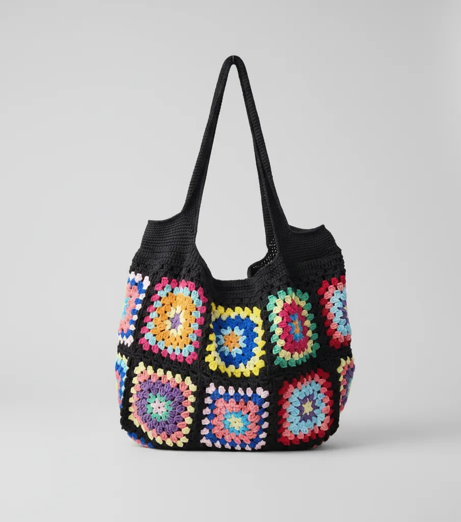 Siyah Örgü Çanta, Yazlık Omuz Çantası, Rengarenk Kare Motifli Tığ İşi Çanta