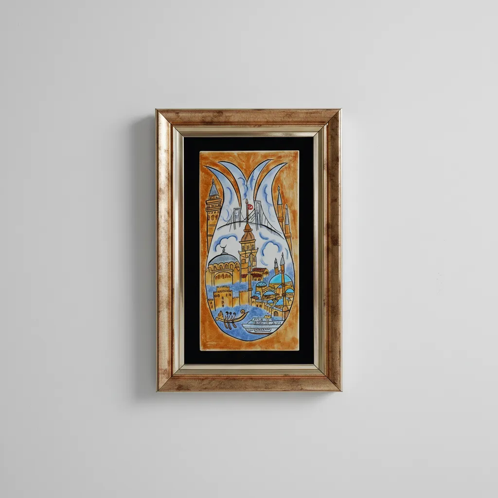 Altın Çerçeveli İstanbul Manzaralı Lale Desenli 10x20 Çini Tablo