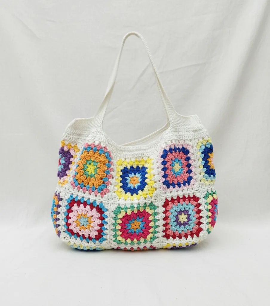 Ekru Çanta, Tığ İşi Yazlık Omuz Çantası, Rengarenk Kare Motifli Çanta