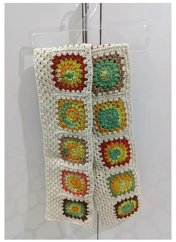 Renkli Motifli Atkı - El Örgüsü Tasarım, Pamuk İplik, 195cm