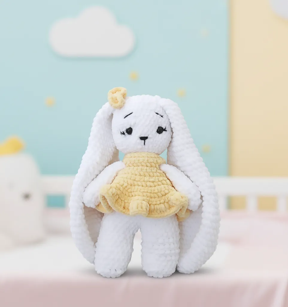 Beyaz Peluş Tavşan Oyuncak - Sarı Elbiseli ve Çiçek Detaylı