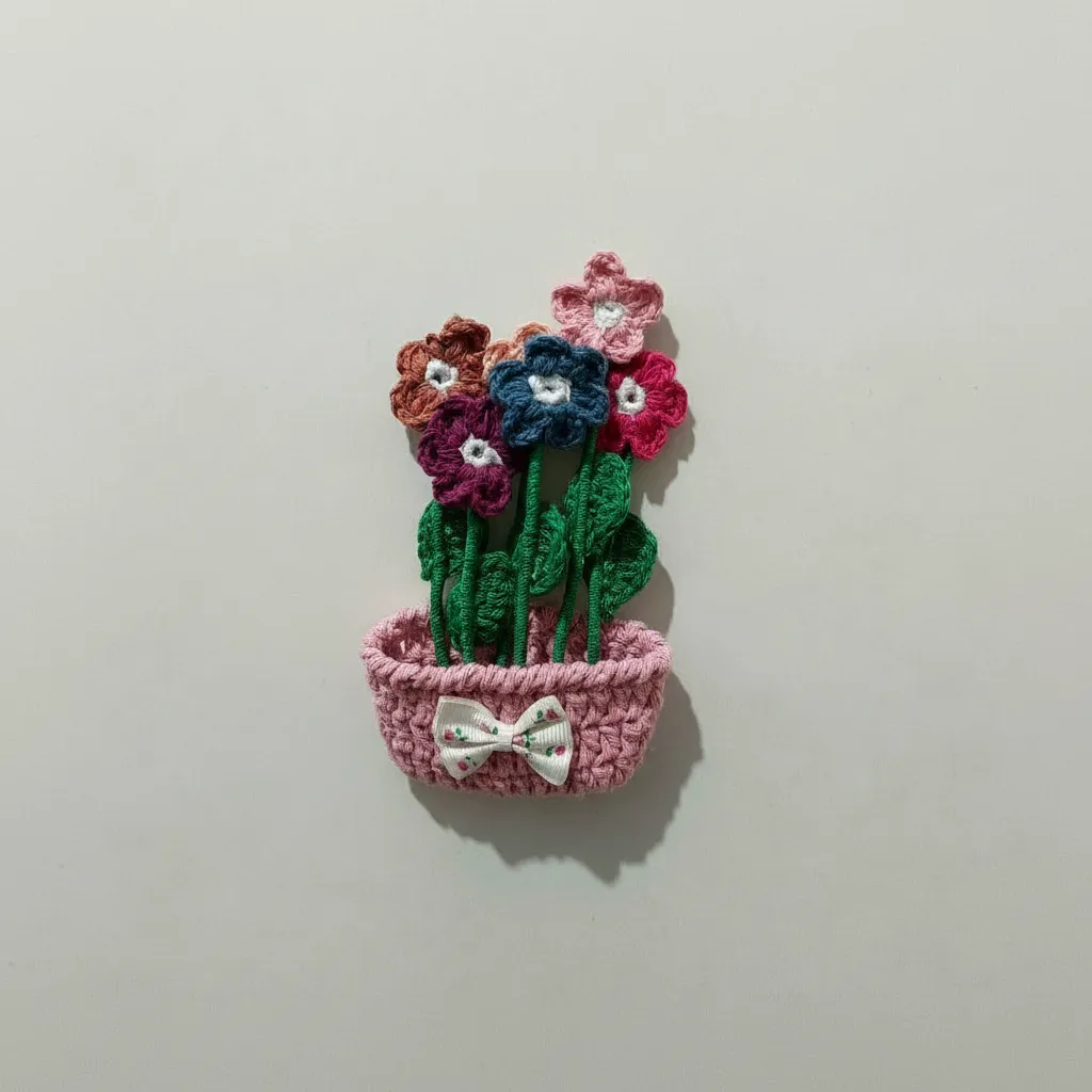Örgü Çiçek Saksısı Dolap Magneti - Renkli El Emeği Dekoratif Süs