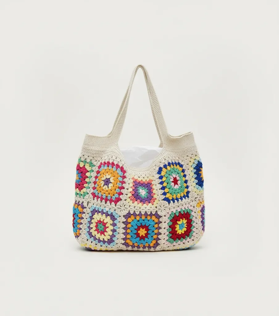 Açık Bej Örgü Çanta, Tığ İşi Rengarenk Kare Motifli Omuz Çantası