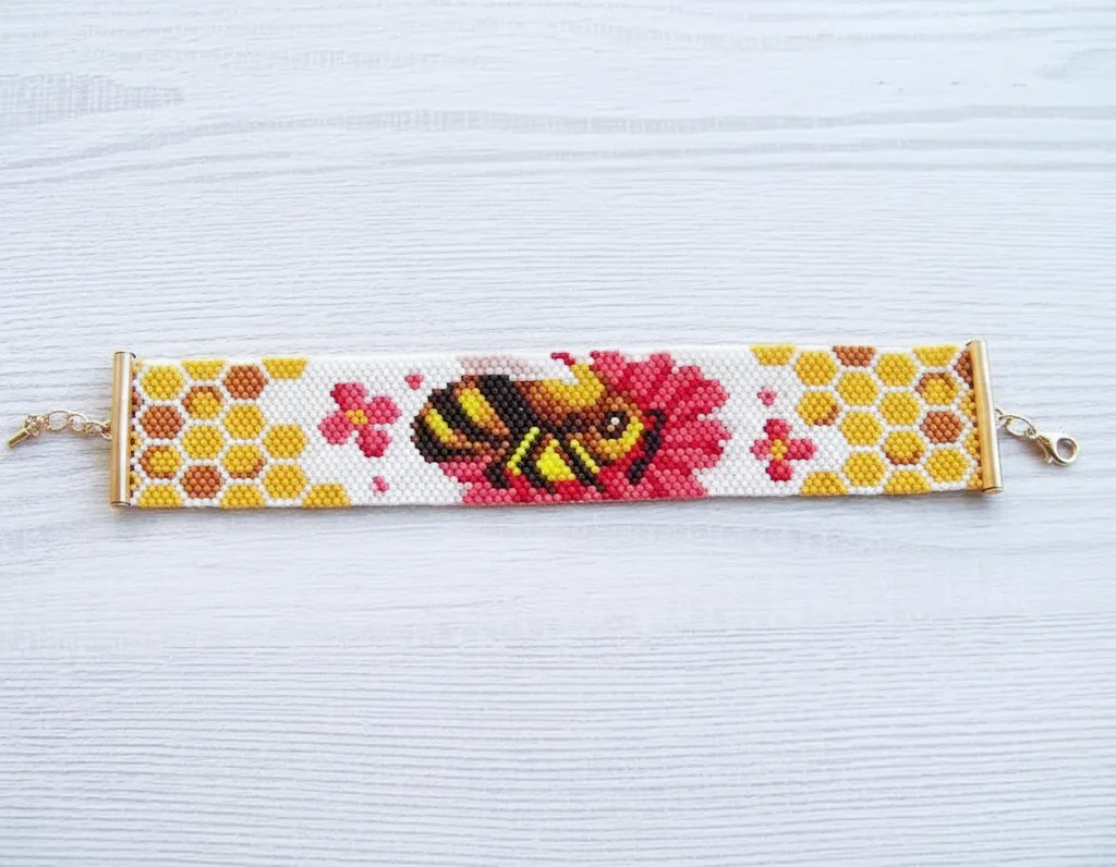 Arı ve Petek Desenli Miyuki Boncuk Bileklik - El Emeği