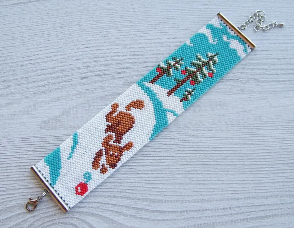 Kış Temalı Miyuki Boncuklu Bileklik - Ayıcık ve Ağaç Desenli