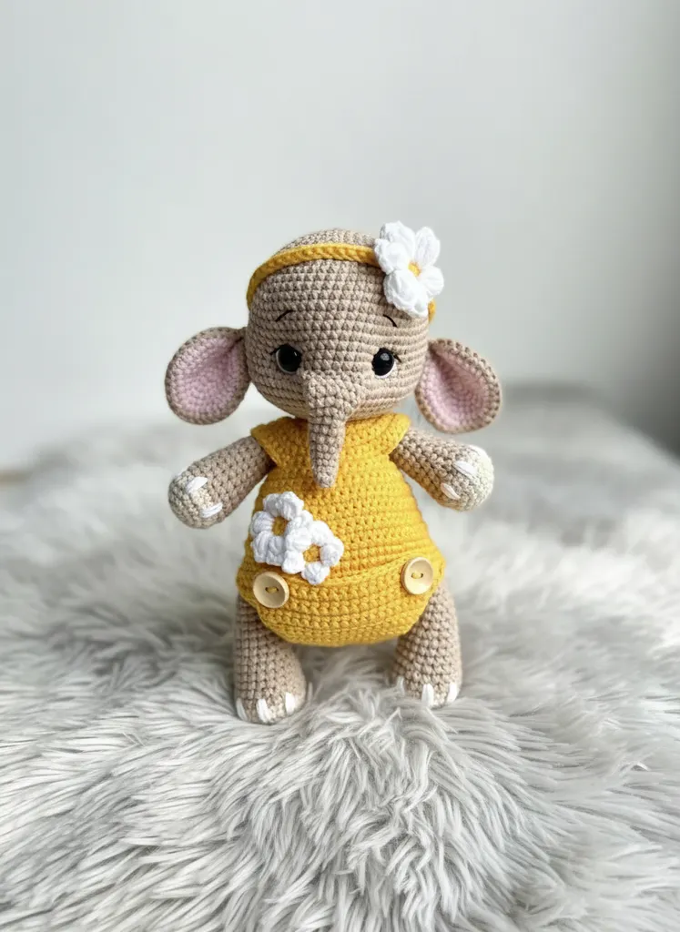 Sarı Tulumlu Örgü Fil Oyuncak - Amigurumi Bebek Hediyesi 25 cm