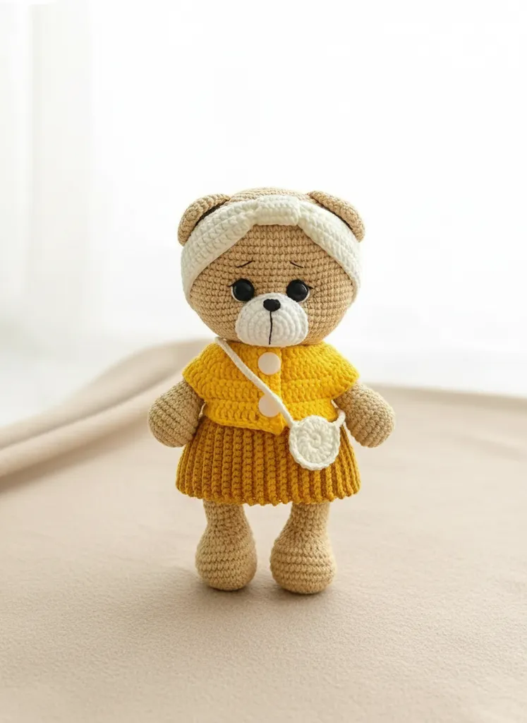 Örgü Oyuncak Ayıcık - Sarı Elbiseli Amigurumi Bebek 25 cm - El Emeği