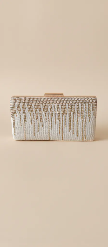 Krem Tül Üzeri Gold Telkırma İşlemeli Portföy Çanta - Zincirli