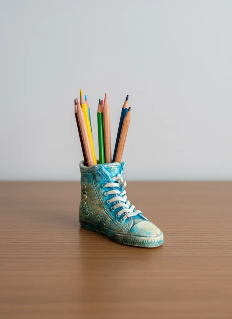 Mavi Beyaz Tonlarında Spor Ayakkabı Tasarımlı Seramik Dekoratif Kalemlik