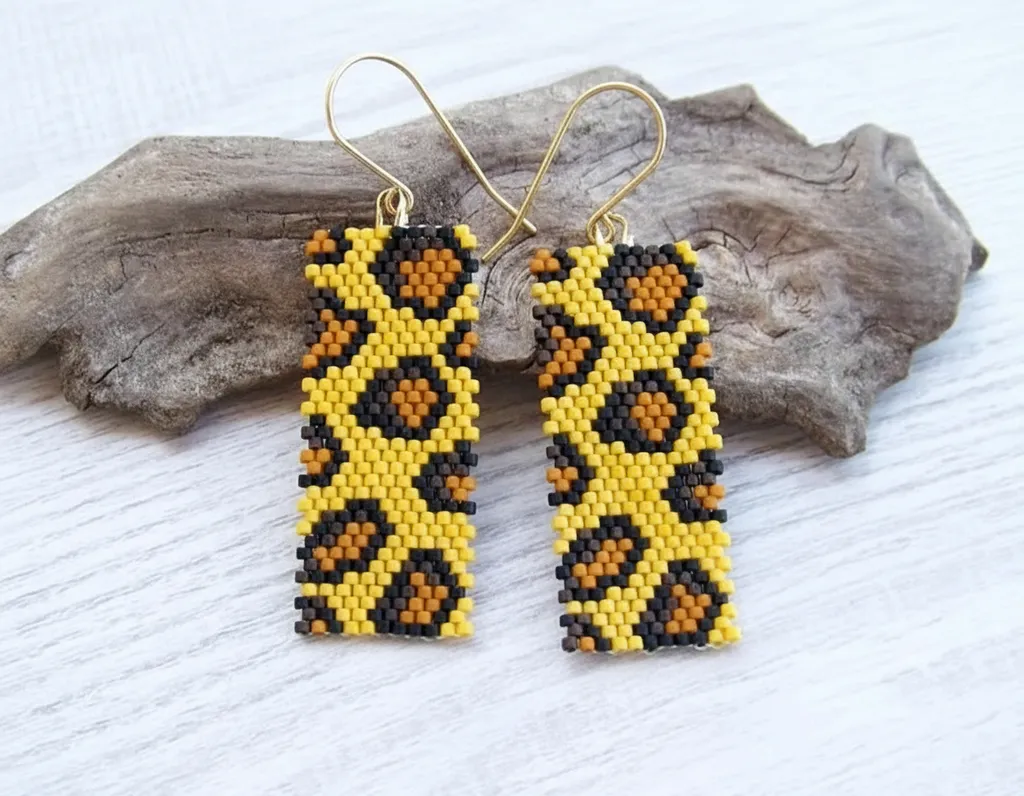 Leopar Desenli Miyuki Dikdörtgen Küpe - El Emeği Tasarım