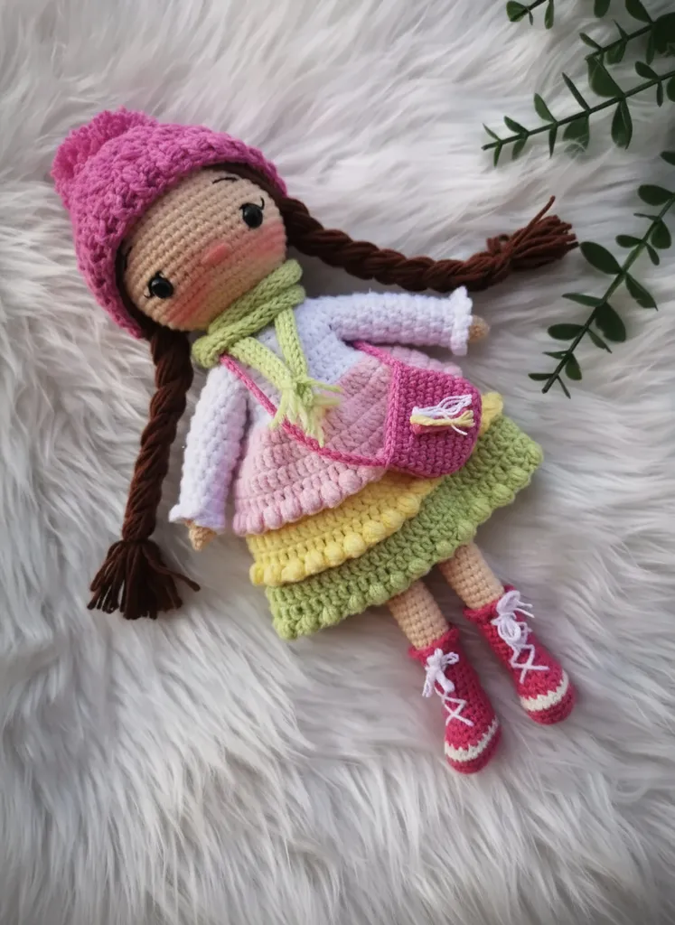 Pastel Tonlarda Örgü Oyuncak Bebek - 29 cm, Atkı, Bere ve Çanta Detaylı