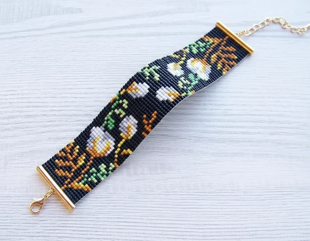 Siyah Zemin Beyaz Çiçek Desenli Miyuki Boncuk Bileklik - El Emeği