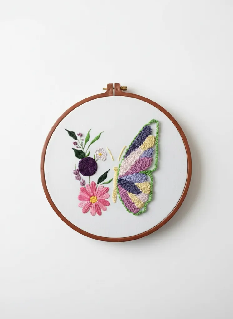 Punch Nakışı Kelebek ve Çiçek Desenli Ahşap Kasnak Duvar Panosu