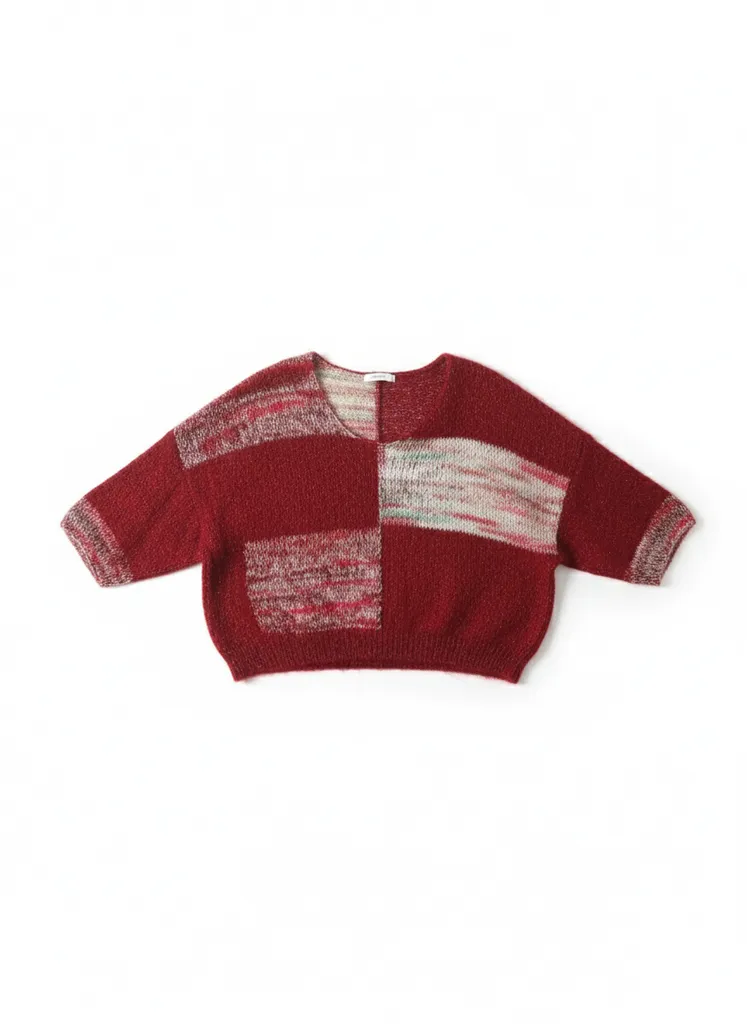 Bordo Angora Simli Patchwork V Yaka Kazak - El Örgüsü