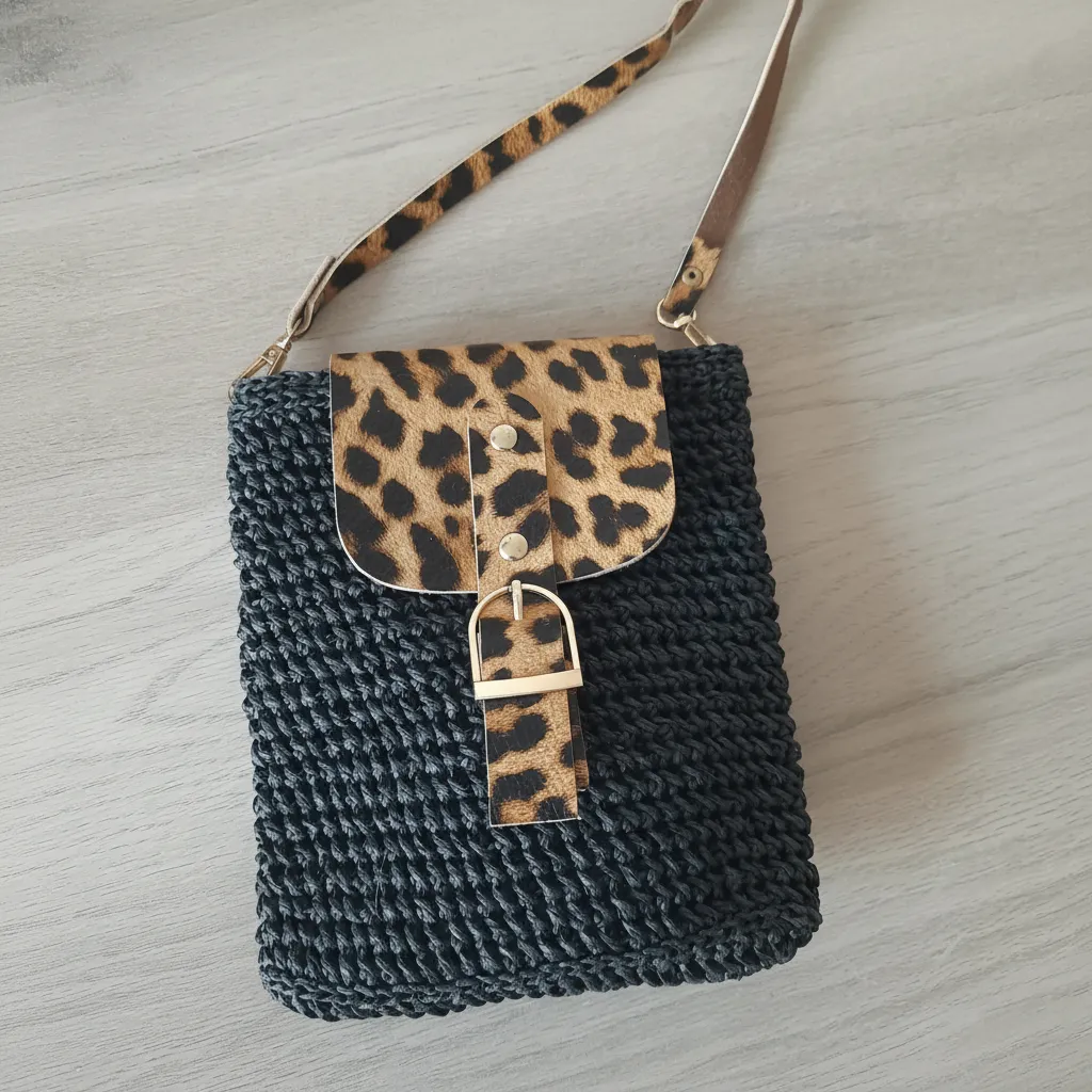 Siyah Örgü Desenli Leopar Kapaklı Telefon Çantası - Küçük Boy