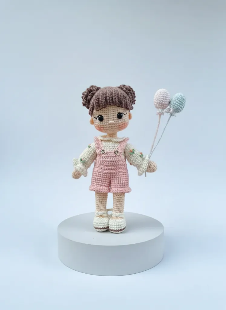 Örgü Amigurumi Bebek Oyuncak - Pembe Tulumlu, El Emeği Bebek