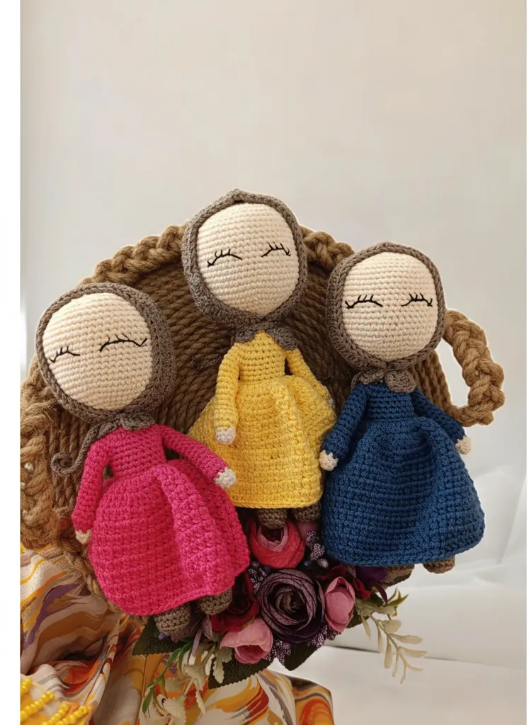 Örgü Bebek Oyuncak Seti - Başörtülü, Renkli Elbise Tasarımlı (3 Adet)