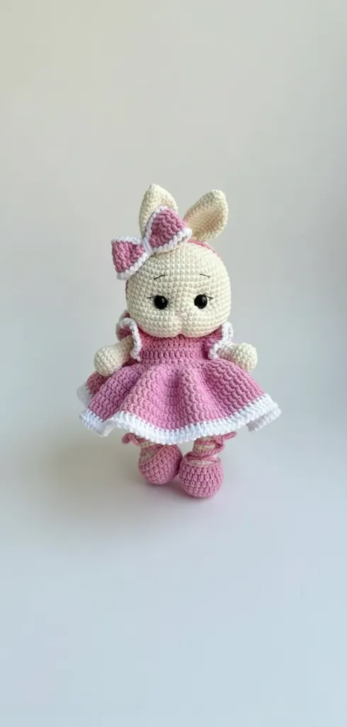 Örgü Pembe Elbiseli Tavşan Amigurumi Oyuncak Bebek - 25 cm