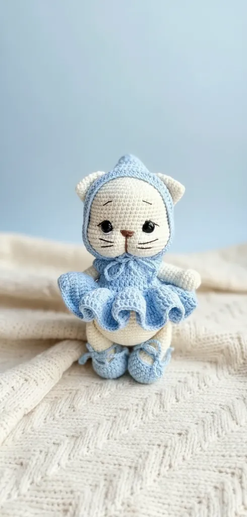Mavi Elbiseli Şapkalı Amigurumi Kedi Oyuncak Bebek - El Emeği