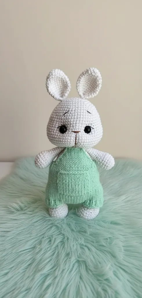 Amigurumi Beyaz Tavşan Oyuncak - Yeşil Tulumlu, 25 cm - El Emeği
