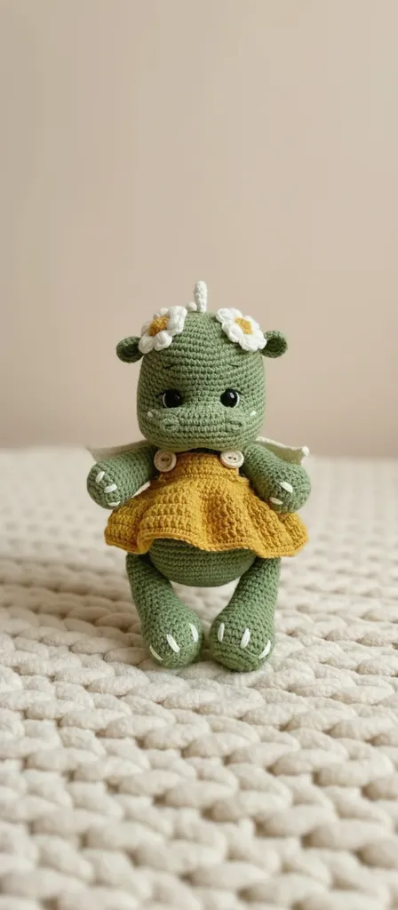 Yeşil Amigurumi Dinozor Oyuncak - Sarı Elbiseli ve Çiçek Detaylı