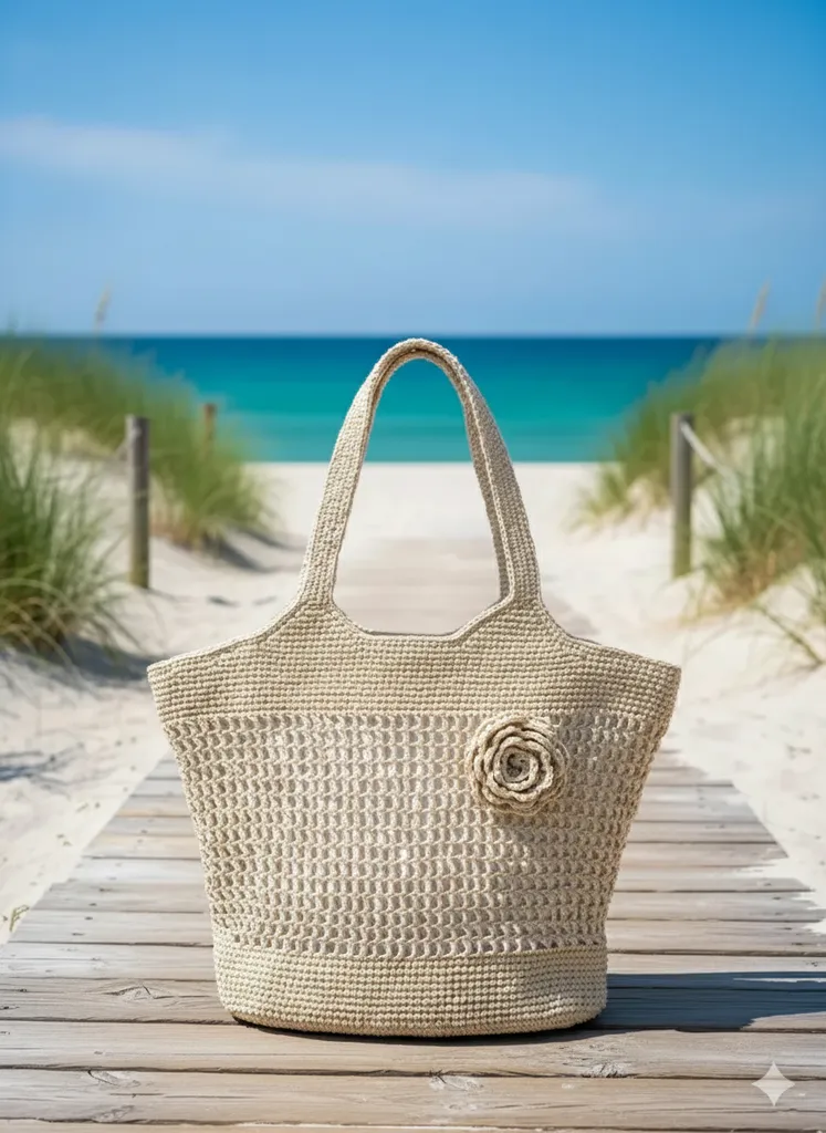 Bej Renk El Örgüsü Hasır Plaj Çantası - Gül Motifli Tasarım