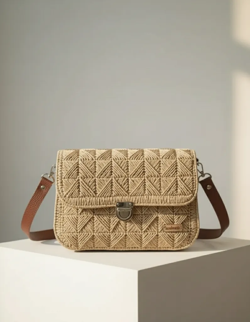 Kapitoneli Desenli Örgü Çapraz Askılı Hasır Çanta - El Örgüsü