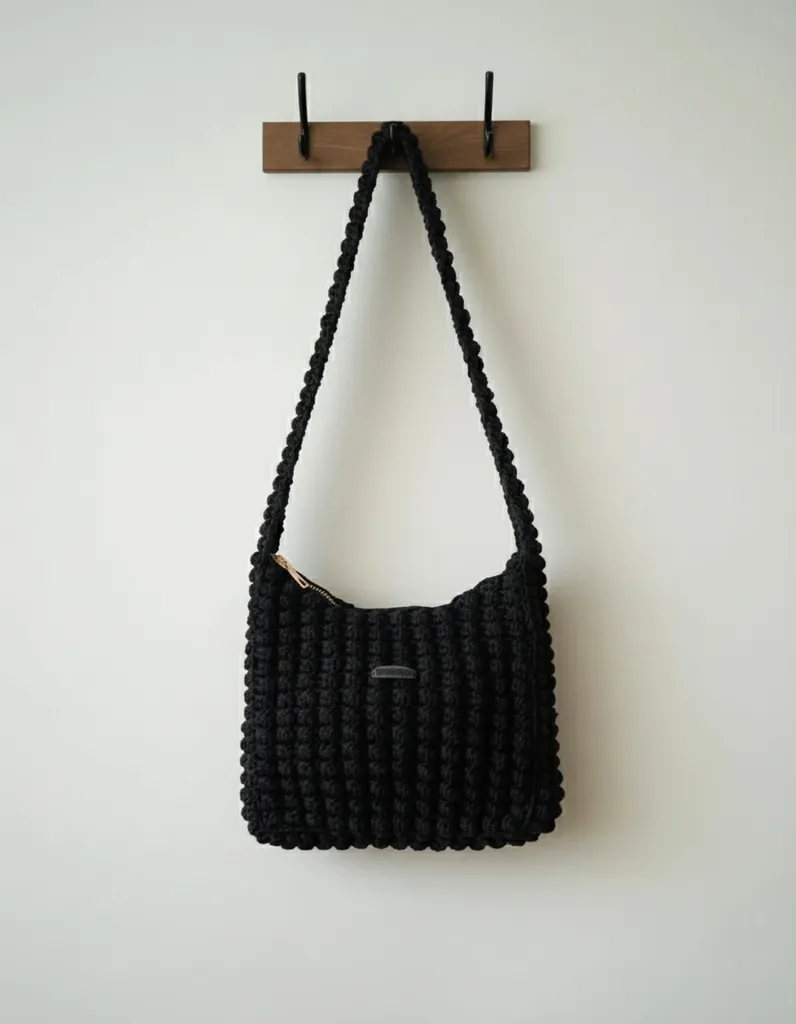 Siyah Makrome Omuz Çantası - Popcorn Desenli, Fermuarlı, El Yapımı