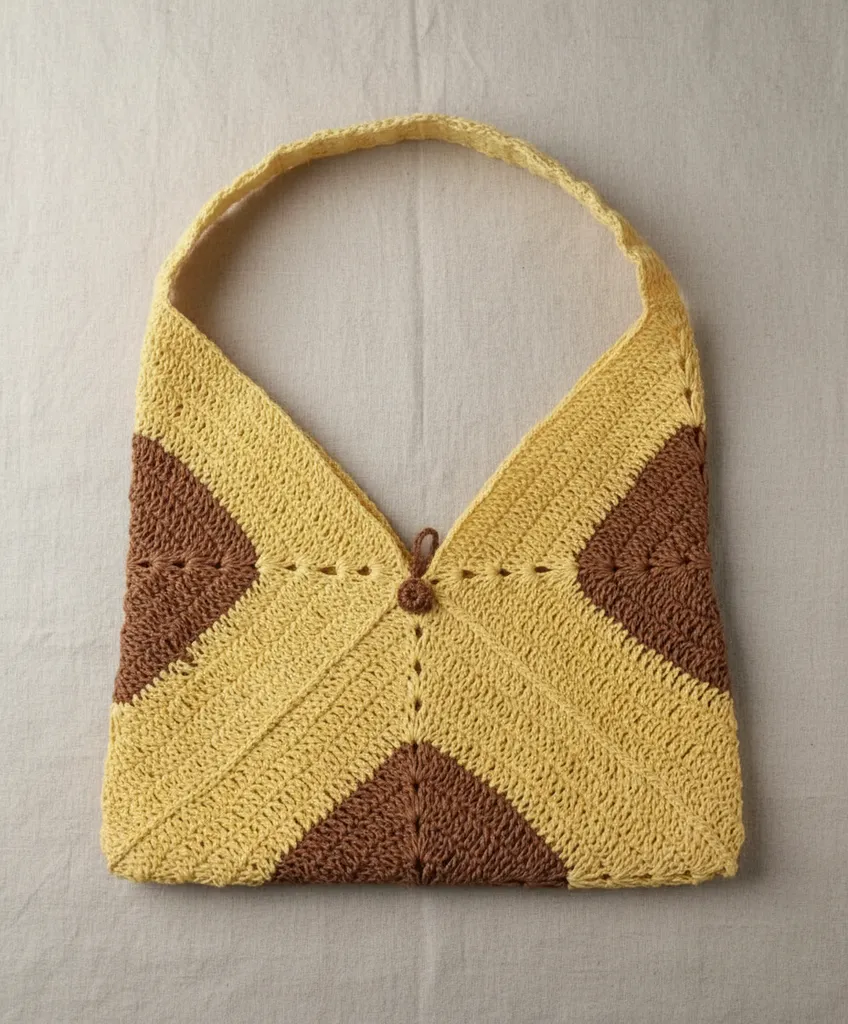 Sarı ve Kahve Tonlarında Kağıt İpten Örme Zarf Çanta - El Emeği