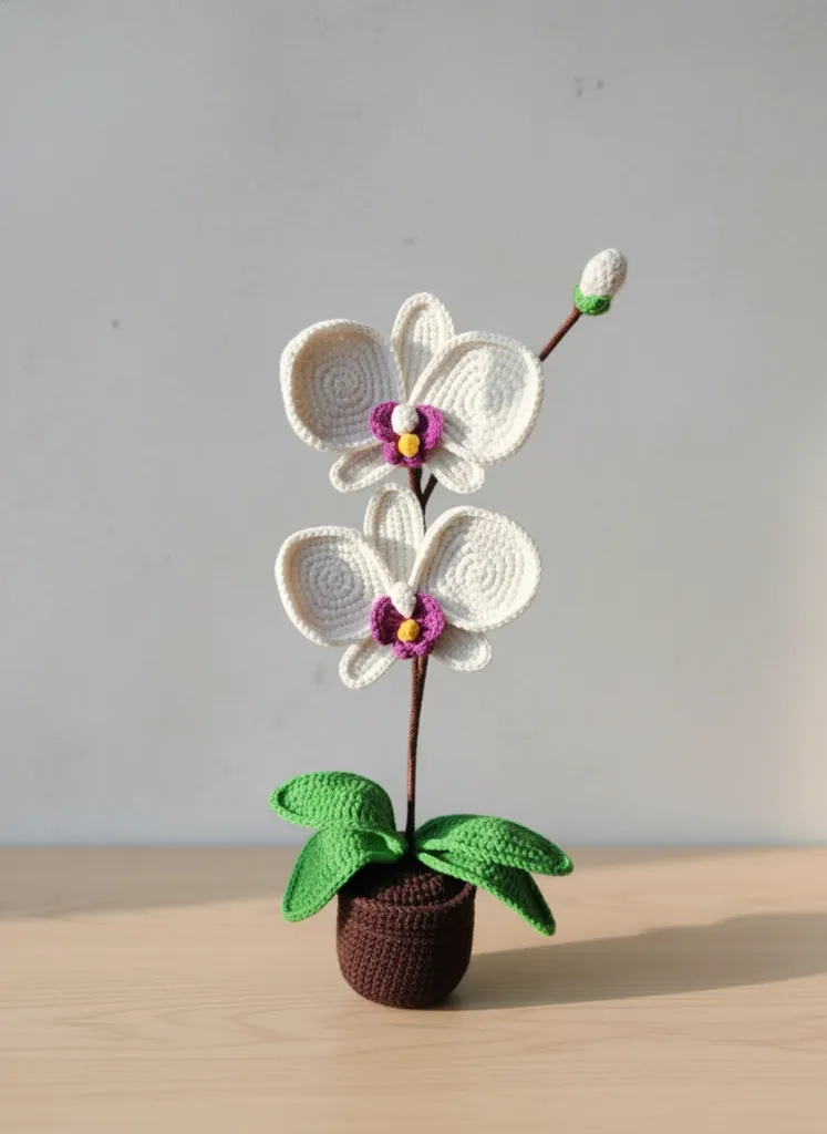 Örgü Saksıda Orkide - Solmayan Dekoratif Çiçek - El Yapımı