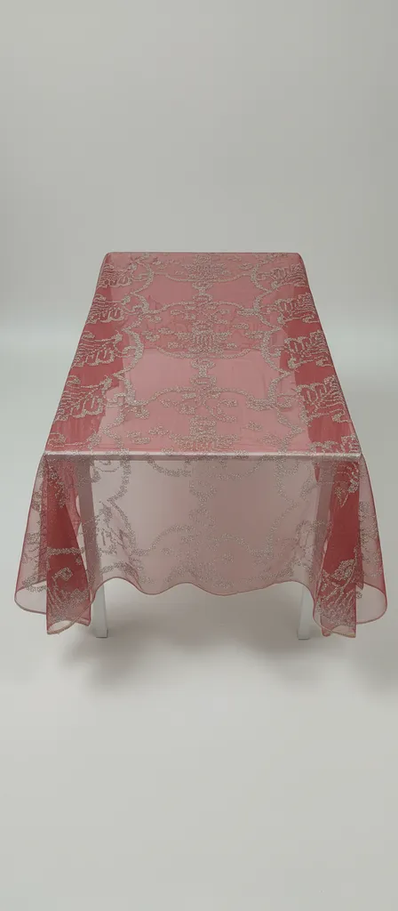 Bordo Tül Üzeri Gümüş Tel İşlemeli Şık Örtü - 130x130 cm