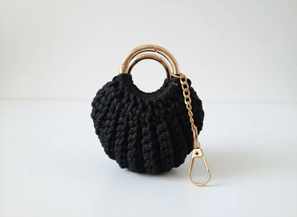 Siyah Makrome Mini Çanta Anahtarlık - Altın Detaylı El Yapımı