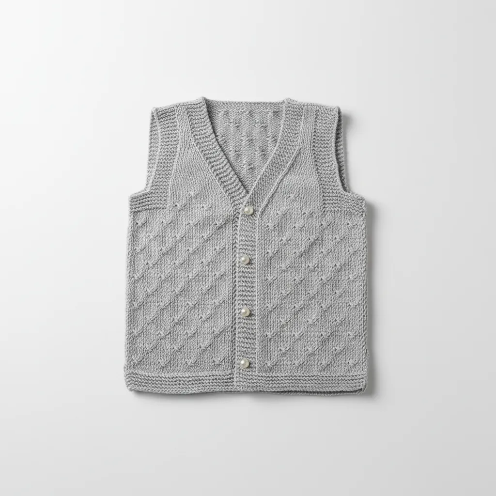 Örgü Bebek Yeleği - Gri, Düğmeli, V Yaka, El Emeği