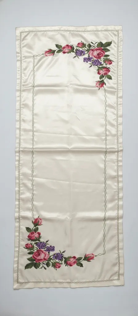 Krem Saten Gül İşlemeli Masa Örtüsü - 134x60 cm - El Emeği