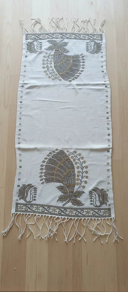 Bej Keten Telkırma Runner - Kahve, Gümüş ve Gold Detaylı 94x46 cm