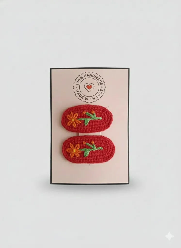 Kırmızı Örgü Çıtçıt Toka Seti - Turuncu Çiçek İşlemeli El Emeği