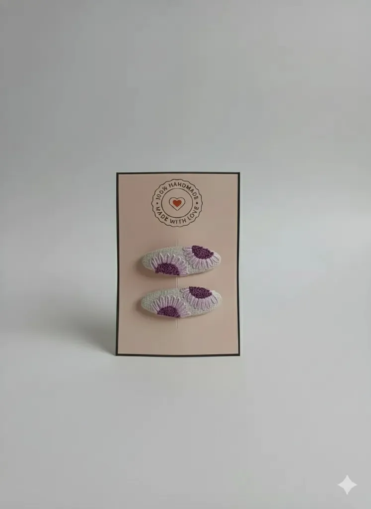 Lila Papatya Nakışlı Çıtçıtlı Saç Tokası - El Emeği