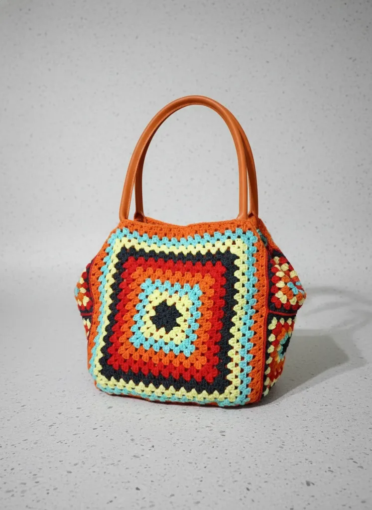 Renkli Kare Motifli Örgü Omuz Çantası - El Emeği