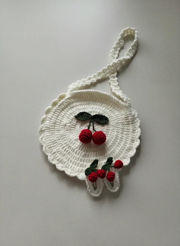 Örgü Kirazlı Omuz Çantası ve Kiraz Detaylı Toka Seti - El Emeği