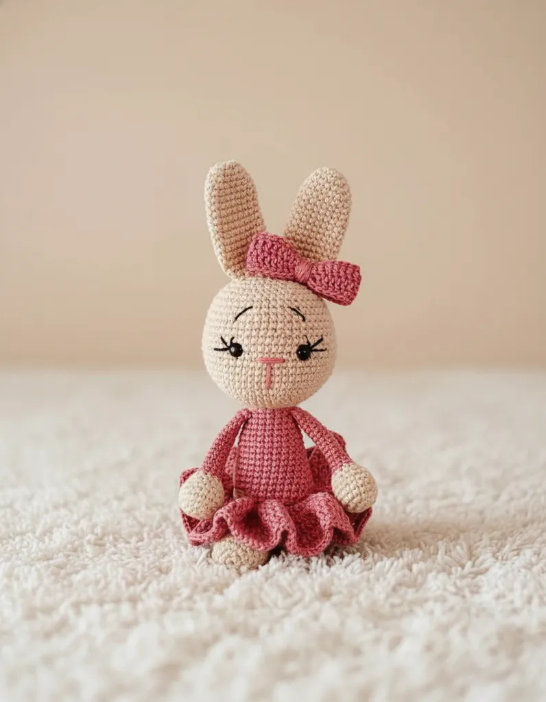 Pembe Elbiseli Örgü Oyuncak Tavşan Bebek - 25 cm Boyunda